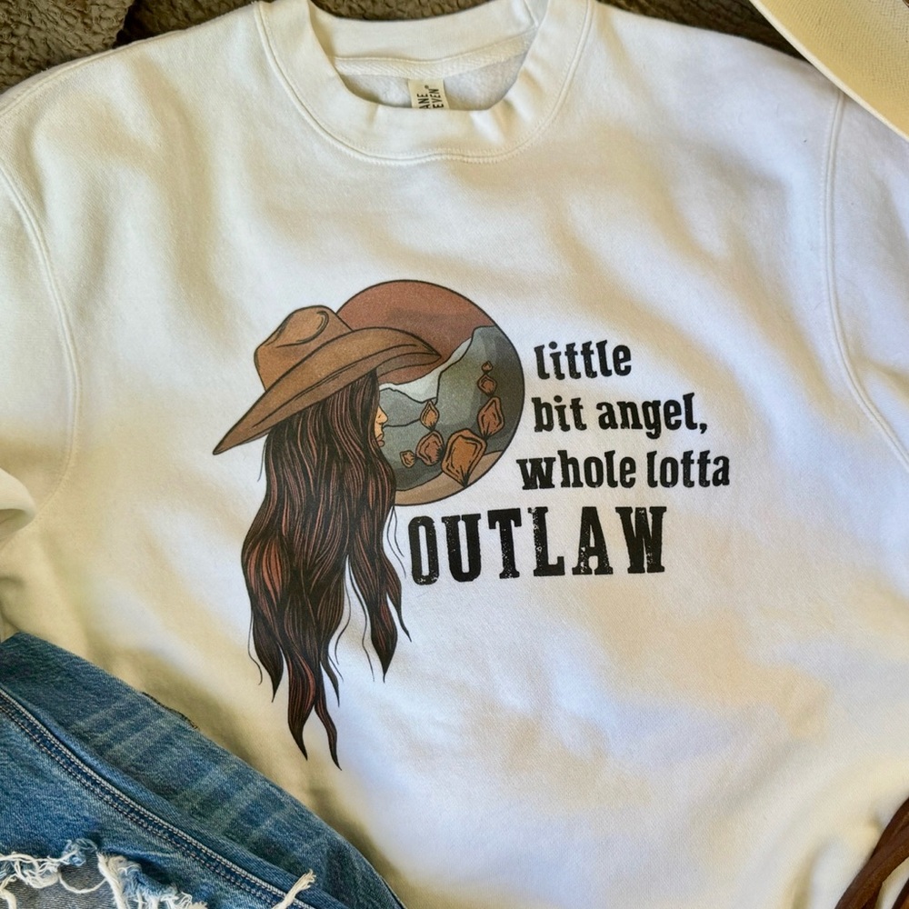 Crewneck sweatshirt, cowgirl, white with cowgirl imprint on front